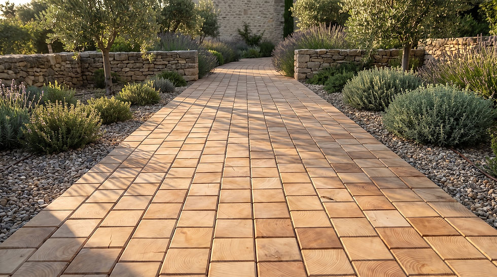 Allée en pavés de bois de bout traversant un jardin méditerranéen en Provence