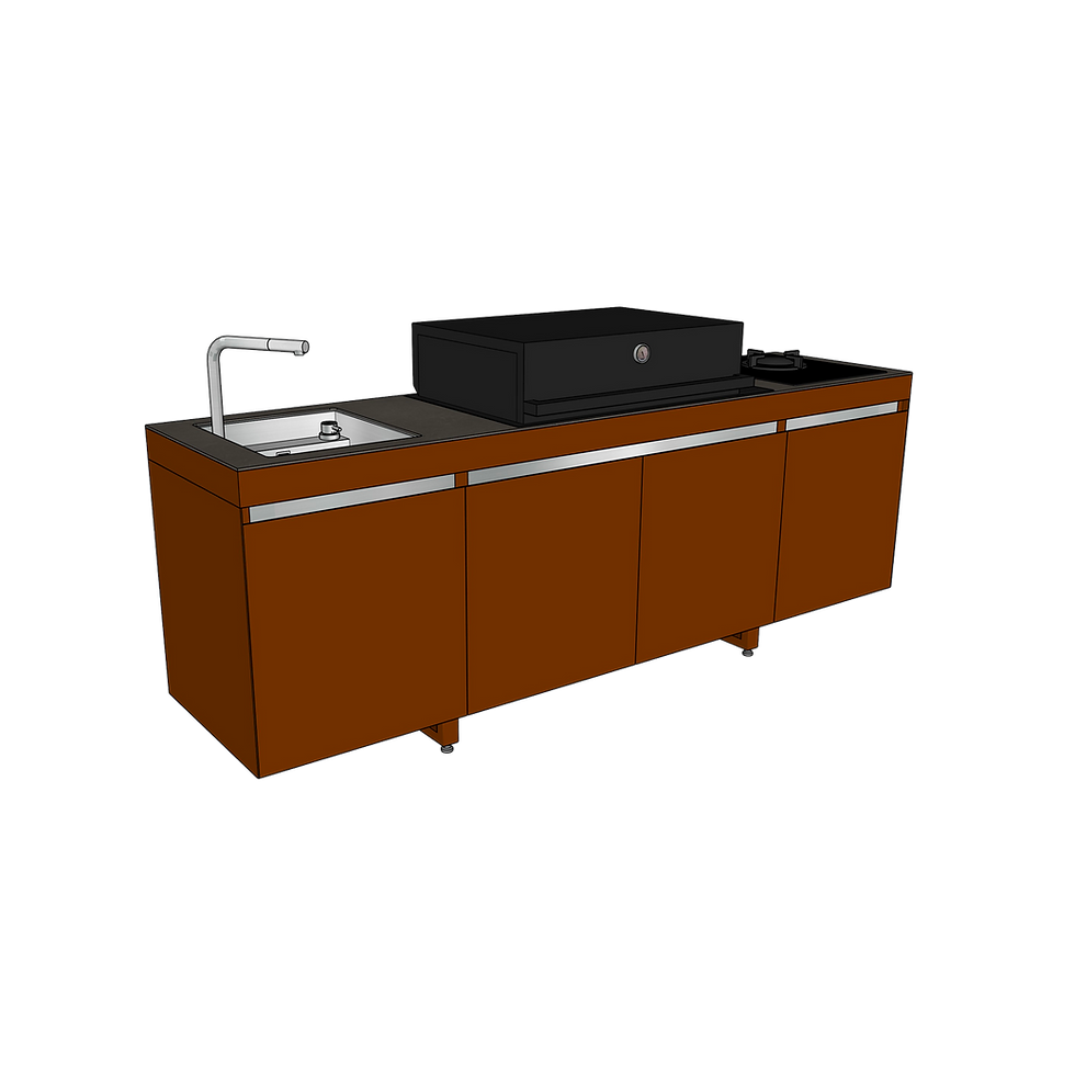 Packshot 3D de la cuisine extérieure AGHER de Fogher avec évier, barbecue à couvercle et feu à gaz