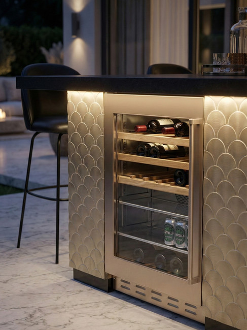 Détail cave à vin extérieure intégrée dans un îlot bar haut de gamme avec finition métallique