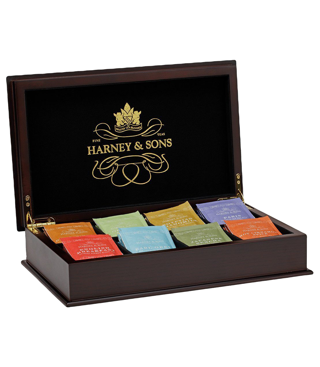 Wooden chest featuring 8 flavour tea bags