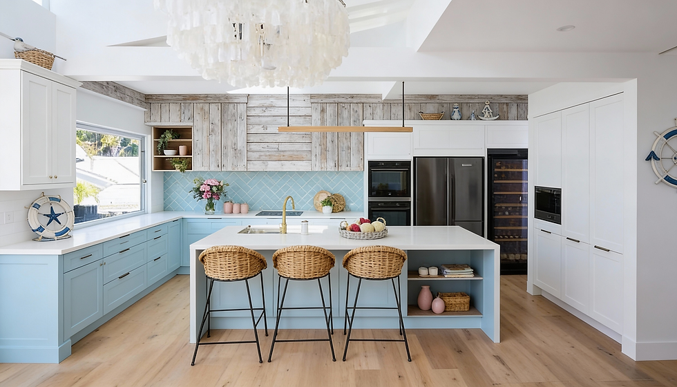 Bright coastal-style kitchen with light hardwood flooring, a large island, soft blue cabinetry, and white finishes, showcasing a clean and modern residential flooring design.