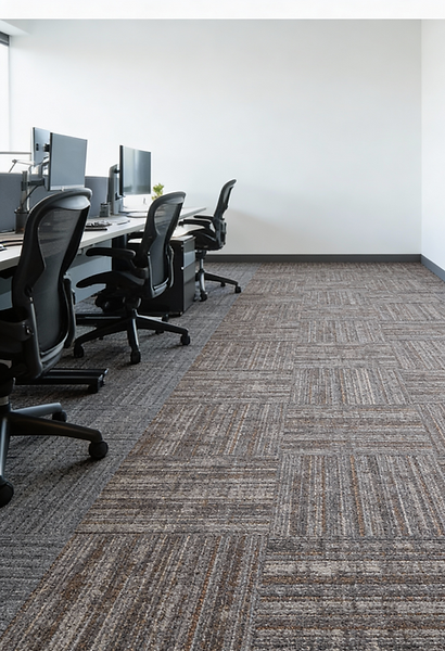 Commercial office with carpet tile flooring, featuring a professional workspace designed for comfort, noise reduction, and durability.