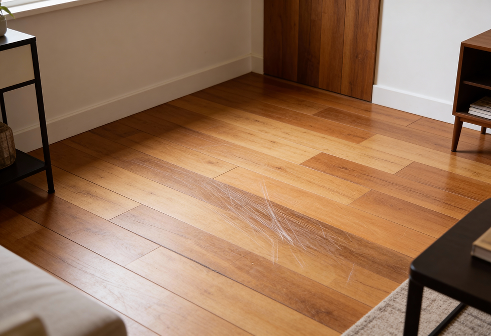 Light and medium-tone hardwood floor in a living room with visible surface scratches near the center, surrounded by modern furniture.