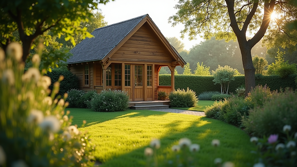 Eye-level view of a wooden garden building with a pitched roof in a lush garden