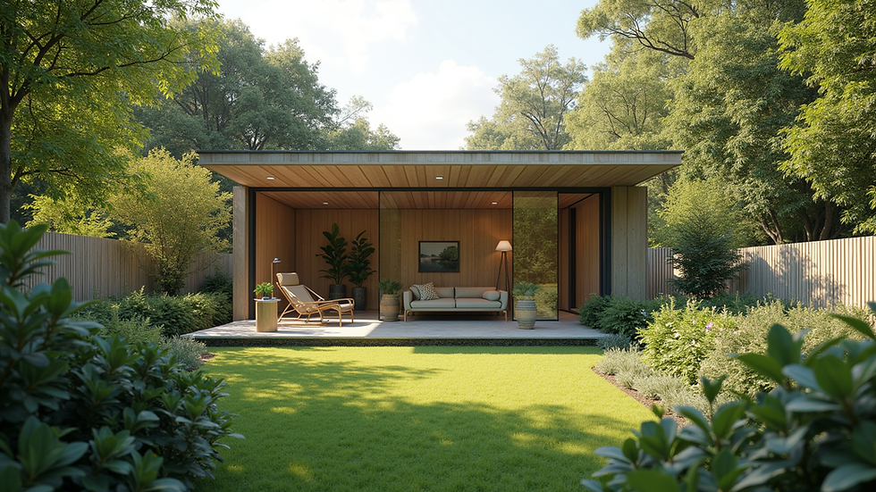Eye-level view of a modern personalised garden office with large windows