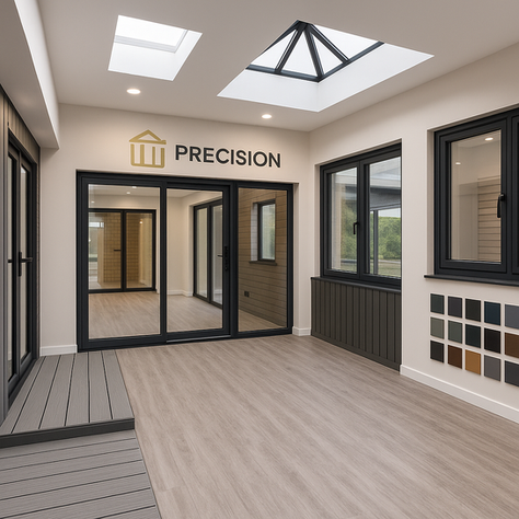 Modern Cheshire home with Precision Aluminium windows, sliding doors, and a roof lantern bringing light into an open-plan kitchen.