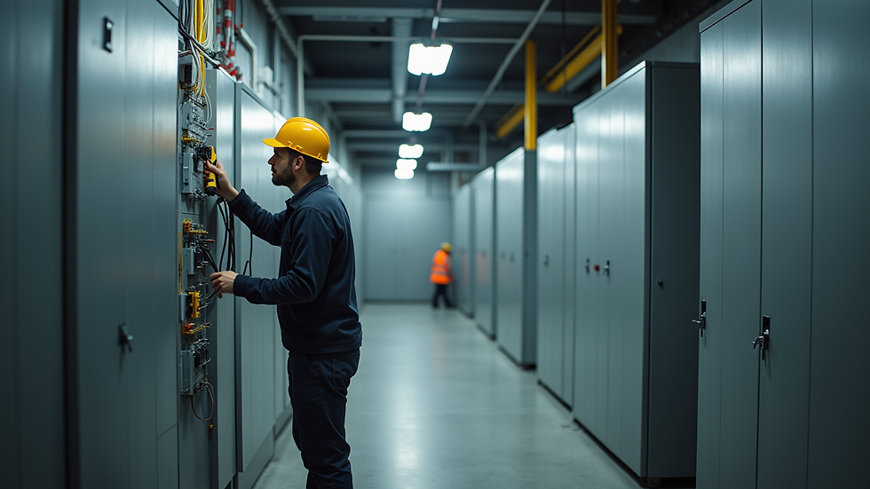 Eye-level view of an electrician testing electrical wiring in a commercial building