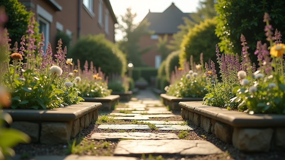 Eye-level view of a traditional Stockport garden with stone path and raised flower beds