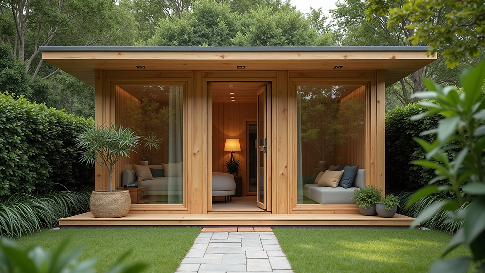 Close-up view of a wooden garden office with large windows and a door