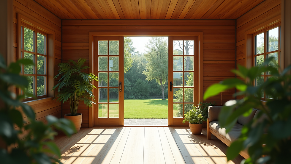 Eye-level view of a small wooden garden room with large glass doors opening to a green garden