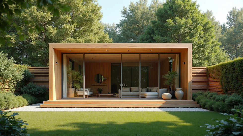 Eye-level view of a modern wooden garden office with large windows