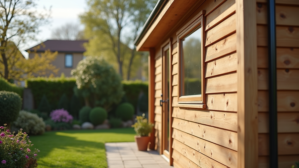 Close-up view of timber cladding on a garden room exterior in a suburban garden