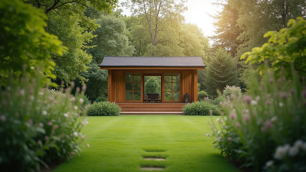Eye-level view of a wooden garden building with large windows in a lush garden