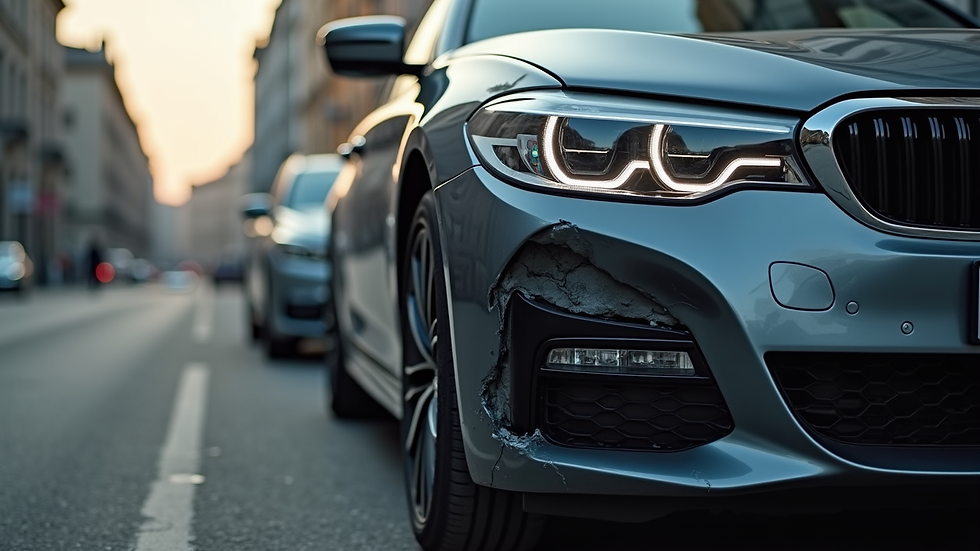 Close-up view of a car with visible body damage on the front bumper