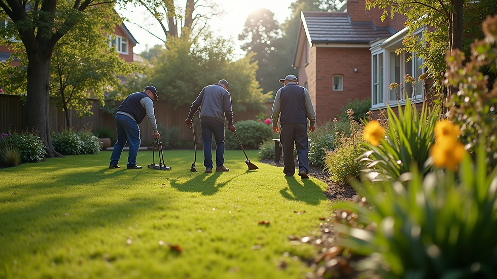 Wide angle view of a local landscaping team working on a garden in Stockport