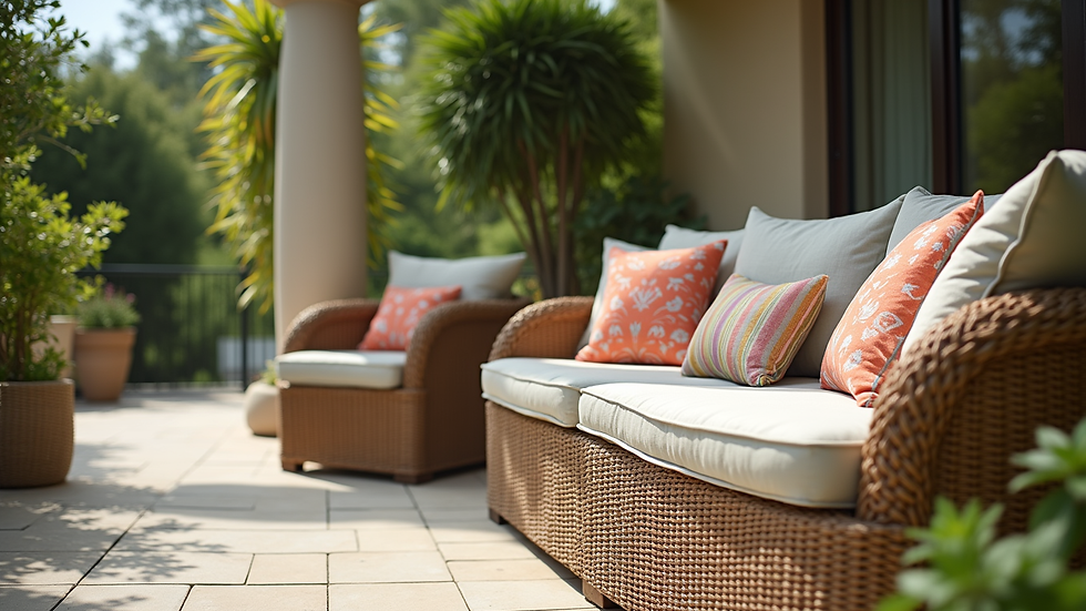 Close-up view of outdoor wicker furniture with colourful cushions on a patio