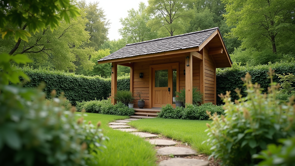 Eye-level view of a handcrafted wooden garden building in a lush green garden