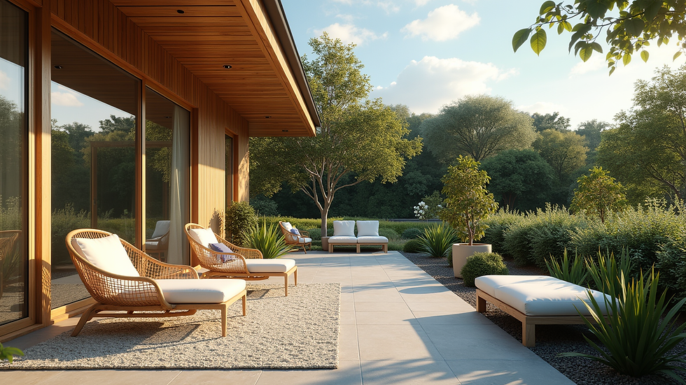 Wide angle view of a summer house with outdoor seating and garden plants