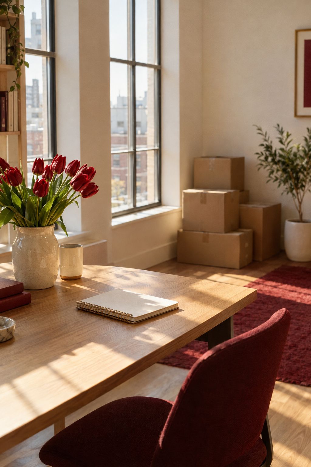 A sunlit new office on its first day with a desk, red tulips and moving boxes