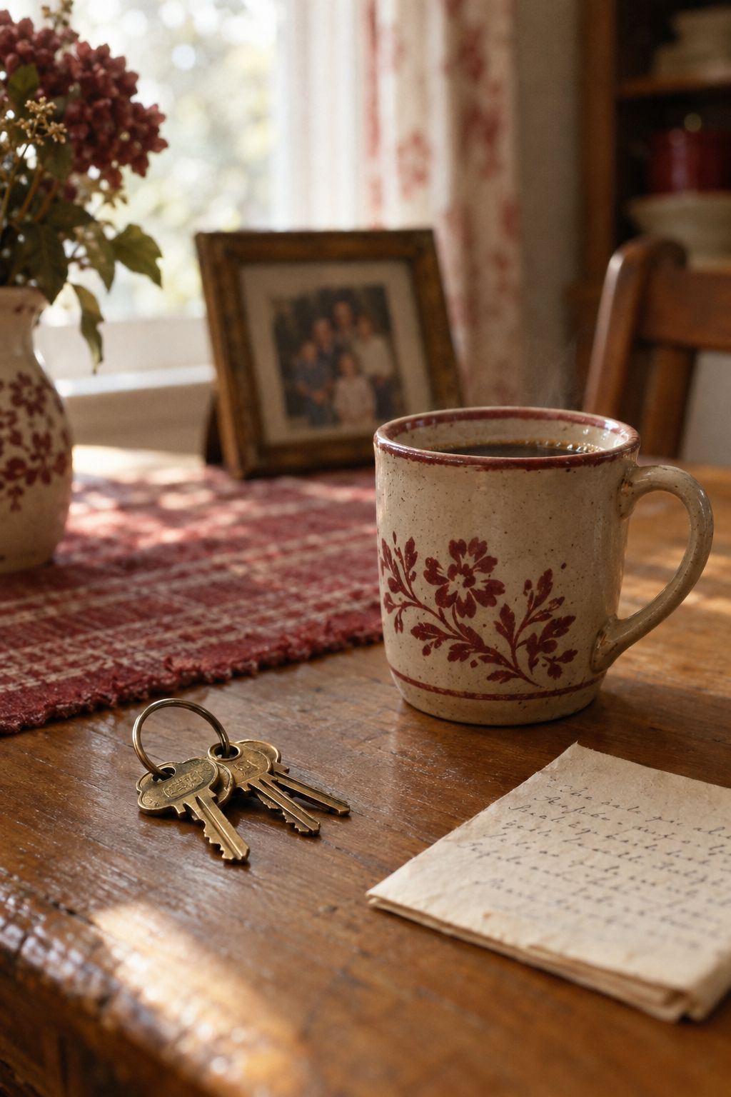 Brass house keys and a handwritten note beside a coffee mug on a family kitchen table
