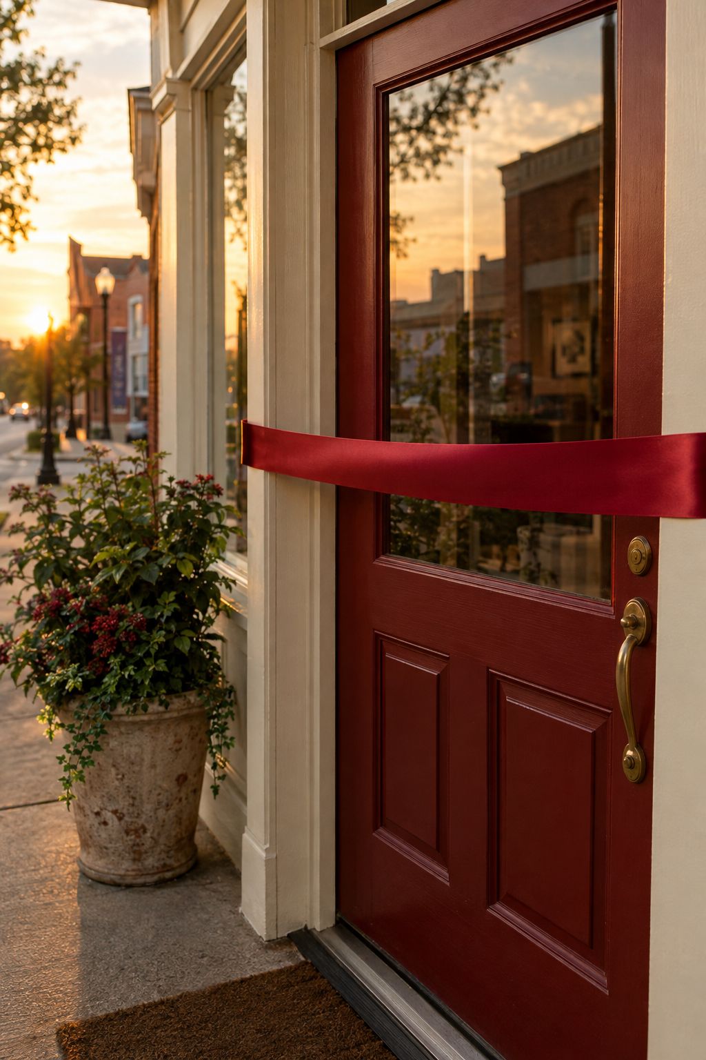 A red storefront door on a small-town main street with a red ribbon stretched across it at golden hour