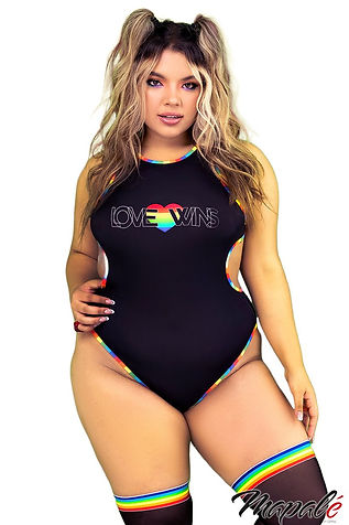 Plus size woman in blacky & rainbow pride teddy lingerie with "Love Wins" print.