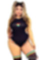 Plus size woman in blacky & rainbow pride teddy lingerie with "Love Wins" print.