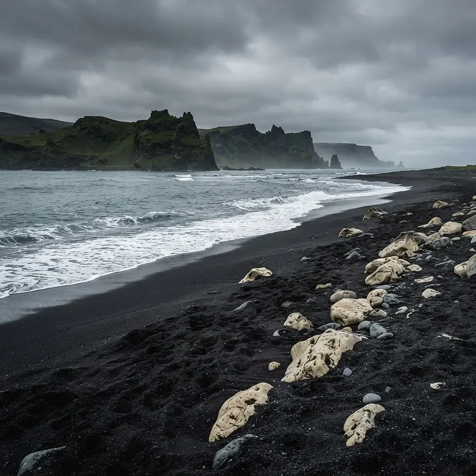 Landscape photography of a dramatic black sand beach with rugged cliffs under a moody, overcast sky.