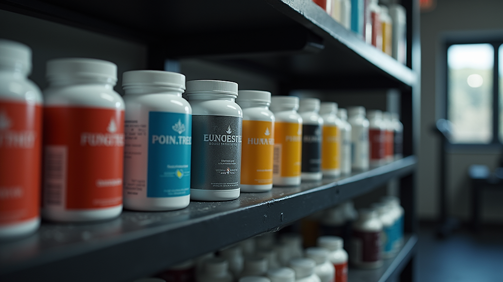 Eye-level view of gym shelf with various supplement containers