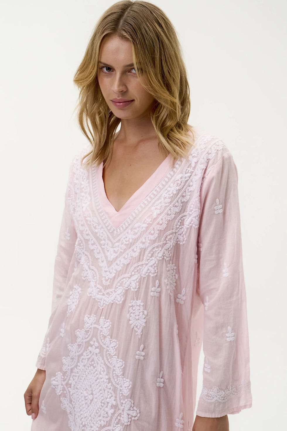 Thumbnail: Long Goa-Embroidery-Cotton-Pink/White