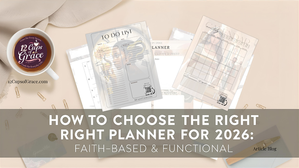 âA flat-lay image featuring 2026 planner sheets, including a To-Do List, monthly calendar, and planning templates, arranged on a soft beige background with gold paperclips and a 12 Cups of Grace tea cup in the upper left corner. Overlaid text reads âHow to Choose the Right Planner for 2026: Faith-Based & Functional.â The scene looks warm, organized, and inviting.â
