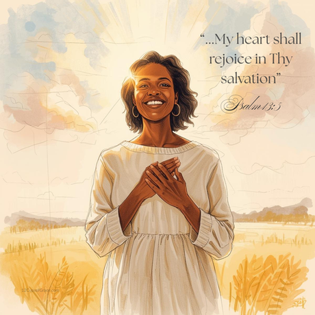 Warm sunlight surrounding a woman standing in quiet joy, symbolizing trust in God’s mercy from Psalm 13:5.