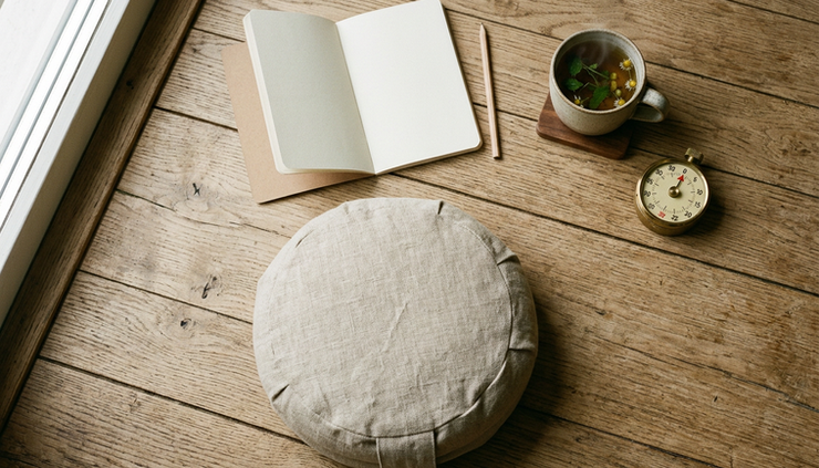 Overhead view of a notebook, herbal tea, and a timer on a wooden floor beside a meditation cushion.
