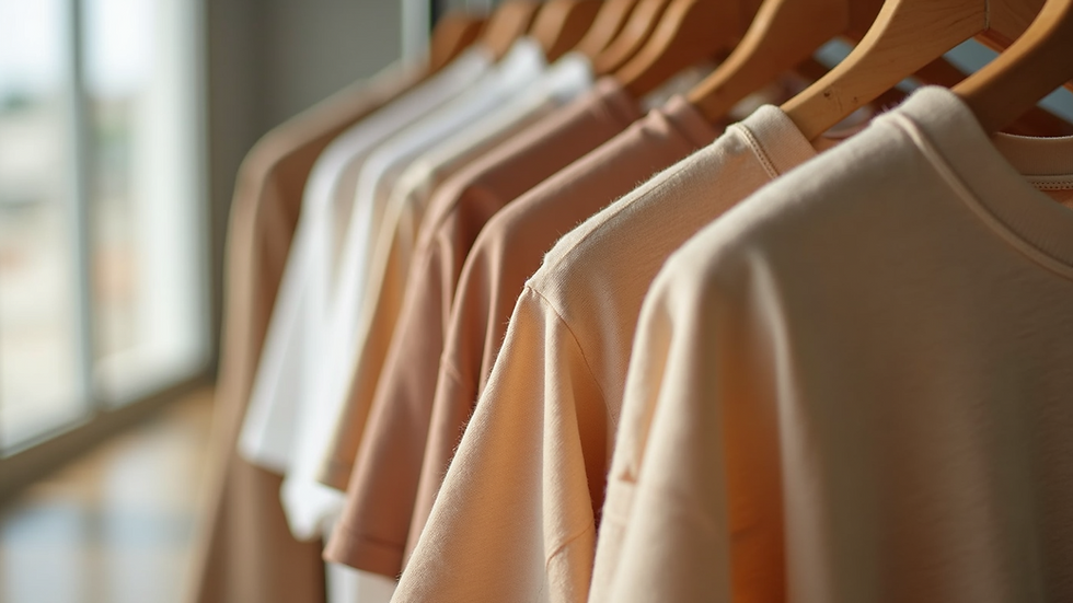 Eye-level view of a clothing rack with organic cotton t-shirts in soft earth tones
