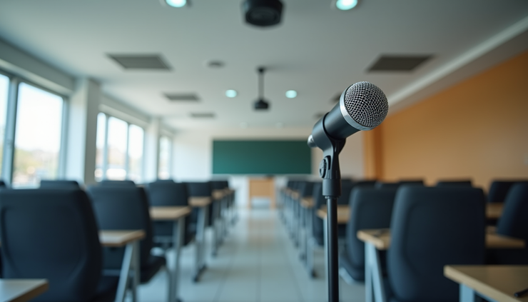 Close-up of a classroom audio system microphone and speaker setup