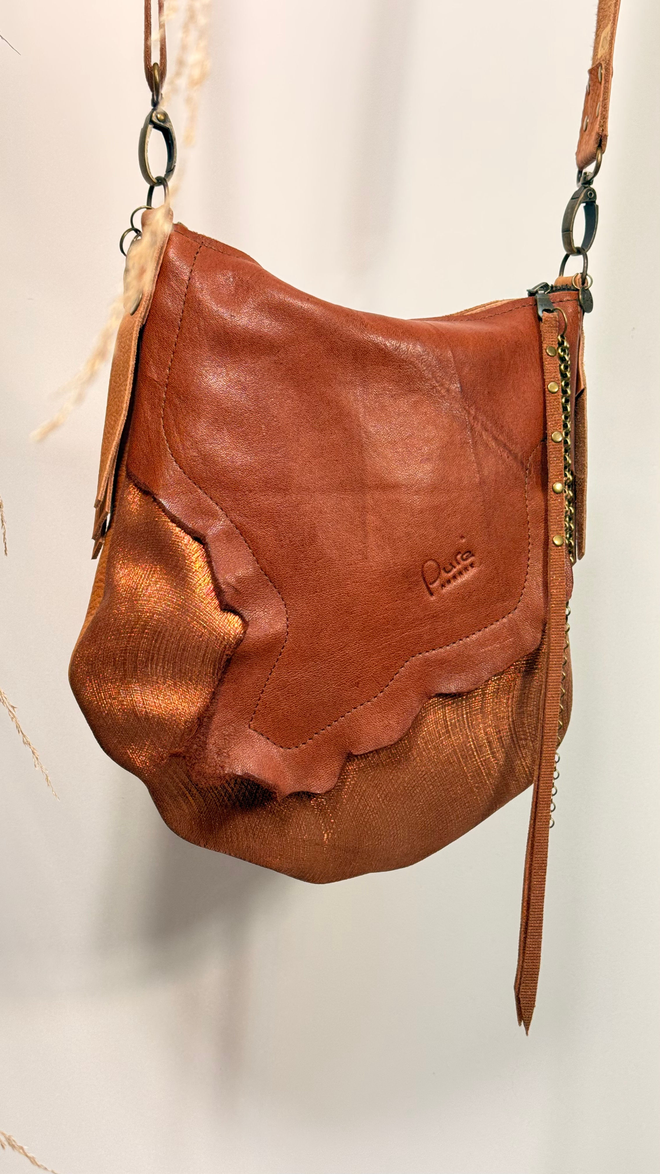 Oranje leren schoudertasje  - Handgemaakt 