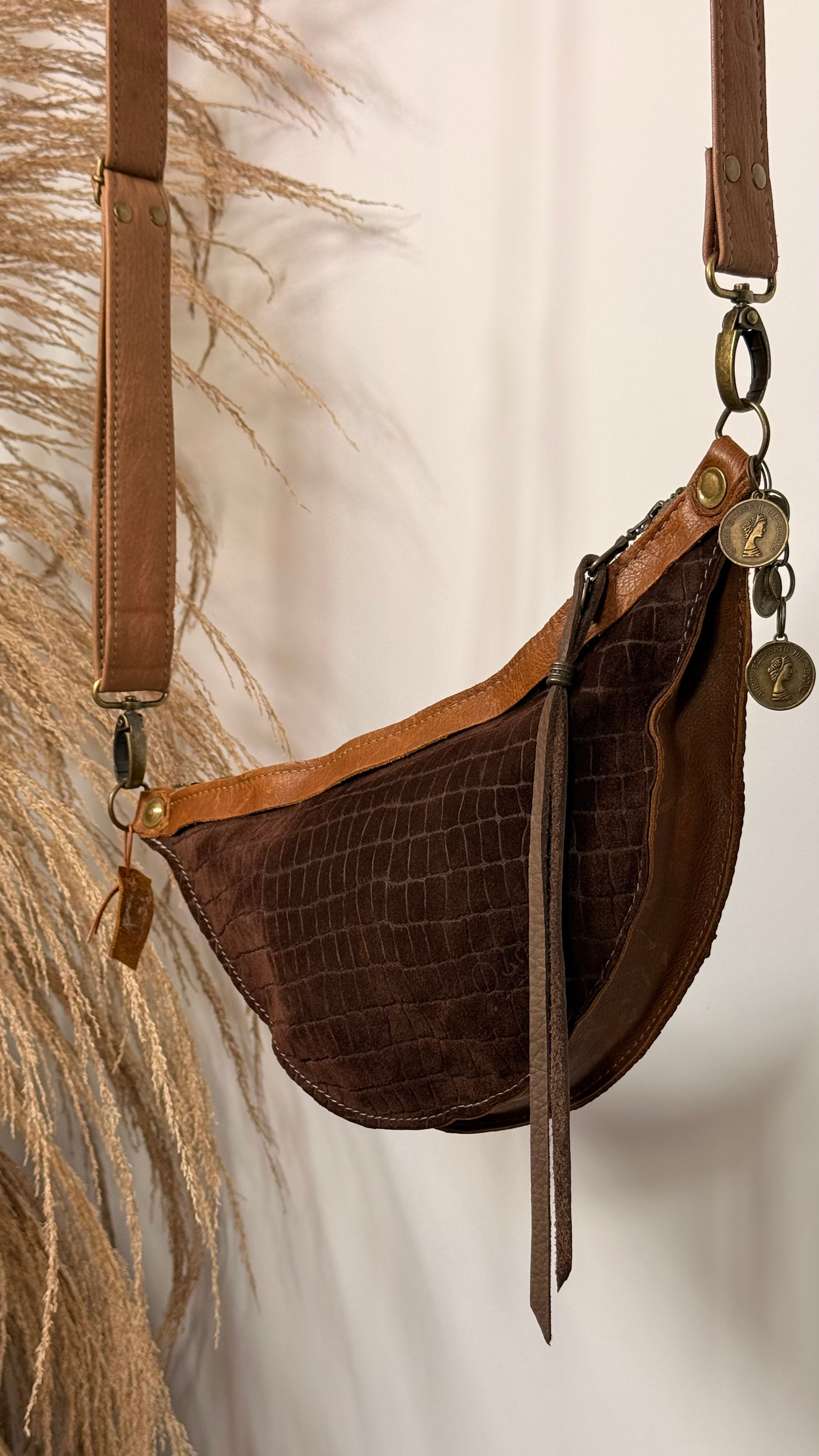 Cognac leren schoudertas - Handgemaakt