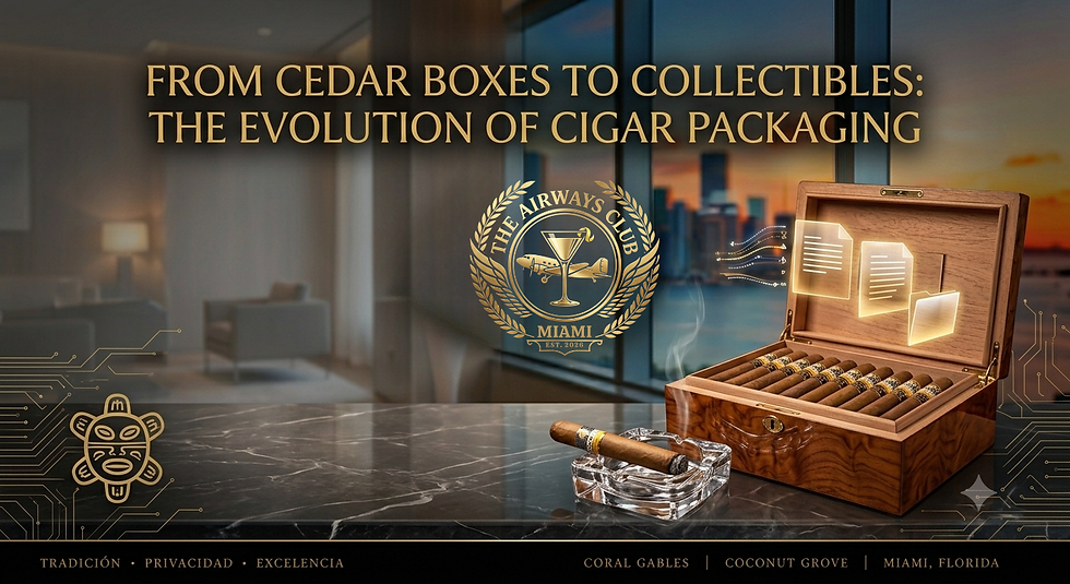 A clean, high-end digital header utilizing the brand’s signature gold and dark tones. At the top center, elegant gold typography reads "FROM CEDAR BOXES TO COLLECTIBLES: THE EVOLUTION OF CIGAR PACKAGING". Below the title sits the prominent gold circular emblem of "The Airways Club MIAMI EST. 2026". On a polished dark marble surface in the foreground sits an open, polished wood humidor box displaying a row of premium cigars, alongside a lit cigar resting on a clear glass ashtray. Faint, glowing digital document icons emerge from the box. The background features a soft-focus executive lounge window looking onto the Miami skyline. The bottom black border contains the gold inscriptions "TRADICIÓN • PRIVACIDAD • EXCELENCIA" on the left and "CORAL GABLES | COCONUT GROVE | MIAMI, FLORIDA" on the right.