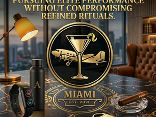 A premium, dual-themed blog header image set in a sophisticated Miami executive office lounge at dusk, conceptually organized to represent "The Balanced Ritual." At the top-center, prominent gold serif typography reads: "THE MINDFUL EXECUTIVE: PURSUING ELITE PERFORMANCE WITHOUT COMPROMISING REFINED RITUALS." In the center, sitting on a polished black and gold veined marble desk, is the large gold emblem logo for "The Airways Club MIAMI EST. 2026." The desk is organized with distinct items: the left side represents "performance" with a high-end matte-black smart fitness tracker (showing metrics) and a sleek matte-black water flask with a gold 'A' logo; the right side represents "relaxation" with a crystal ashtray holding an elegant, unlit cigar and a gold guillotine cutter. A warm brass desk lamp illuminates the scene against floor-to-ceiling windows showing a softly blurred twilight view of the downtown Miami corporate skyline. Interior elements, like a classic leather tufted wingback