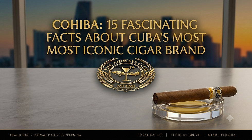 A clean, professional digital header designed in the brand’s signature gold and dark tones. Centered at the top, bold gold typography reads "COHIBA: 15 FASCINATING FACTS ABOUT CUBA’S MOST ICONIC CIGAR BRAND". Directly below the text sits the official round gold emblem of "The Airways Club MIAMI EST. 2026" featuring a classic airplane and cocktail glass motif. In the lower right foreground, a premium cigar rests elegantly across a clear glass ashtray filled with a amber liquid, all set against a polished marble surface. The background shows a soft, blurred panoramic window view of the Miami skyline at dusk. The bottom black border neatly displays the club’s core tenets "TRADICIÓN • PRIVACIDAD • EXCELENCIA" on the left and the locations "CORAL GABLES | COCONUT GROVE | MIAMI, FLORIDA" on the right.