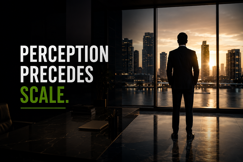 A cinematic executive office overlooking the Miami skyline at sunset, featuring a business leader standing confidently in front of floor-to-ceiling windows. The bold headline, "Perception Precedes Scale," emphasizes that credibility, authority, and professional presence come before business growth. The minimalist design reinforces the importance of founder perception in attracting clients, investors, and opportunities.