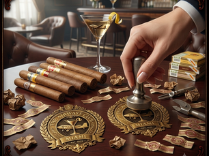 Sello dorado de The Airways Club Miami autenticando cigarros en una mesa de madera de un lounge ejecutivo, ilustrando la verificación frente al problema de los puros cubanos falsificados.