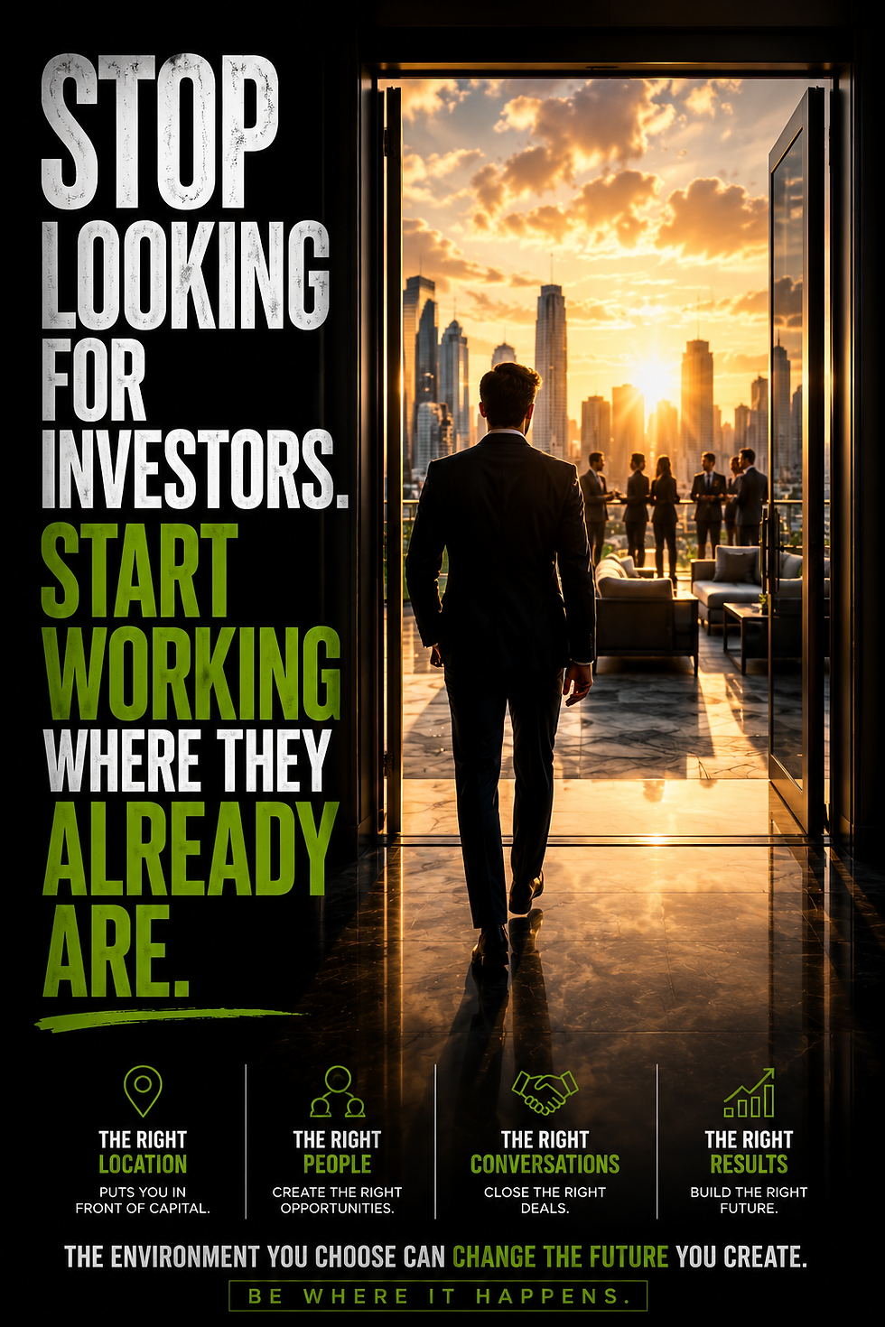 A cinematic vertical image of a business executive walking through elegant glass doors toward a rooftop terrace where investors and entrepreneurs are actively networking against a dramatic Miami skyline at sunset. The bold headline reads, "Stop Looking for Investors. Start Working Where They Already Are." The image represents the power of positioning your business in an executive office environment where capital, relationships, and opportunities naturally converge.