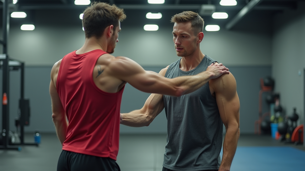 Vue rapprochée d’un coach sportif ajustant la posture d’un athlète en salle de sport