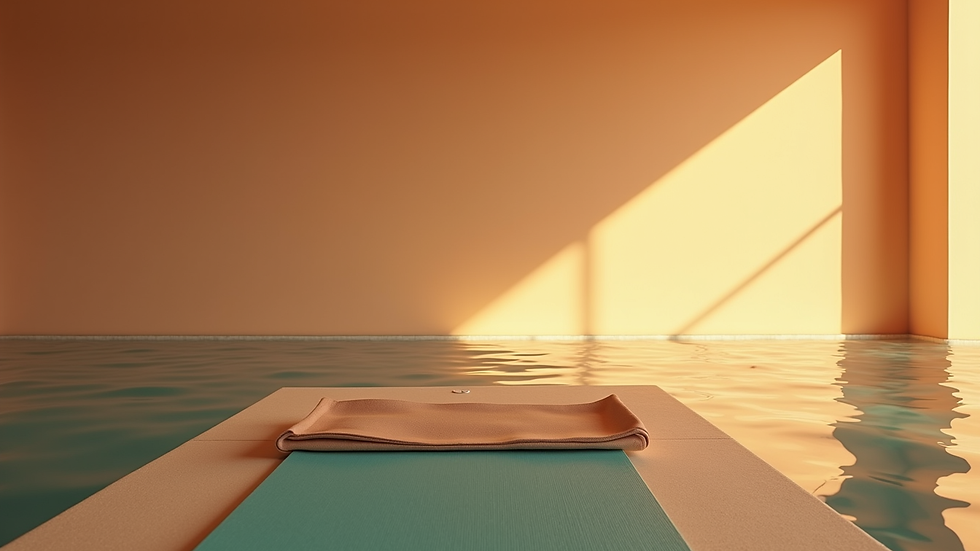 Vue en plongée d’un tapis de yoga et d’haltères dans un espace d’entraînement lumineux