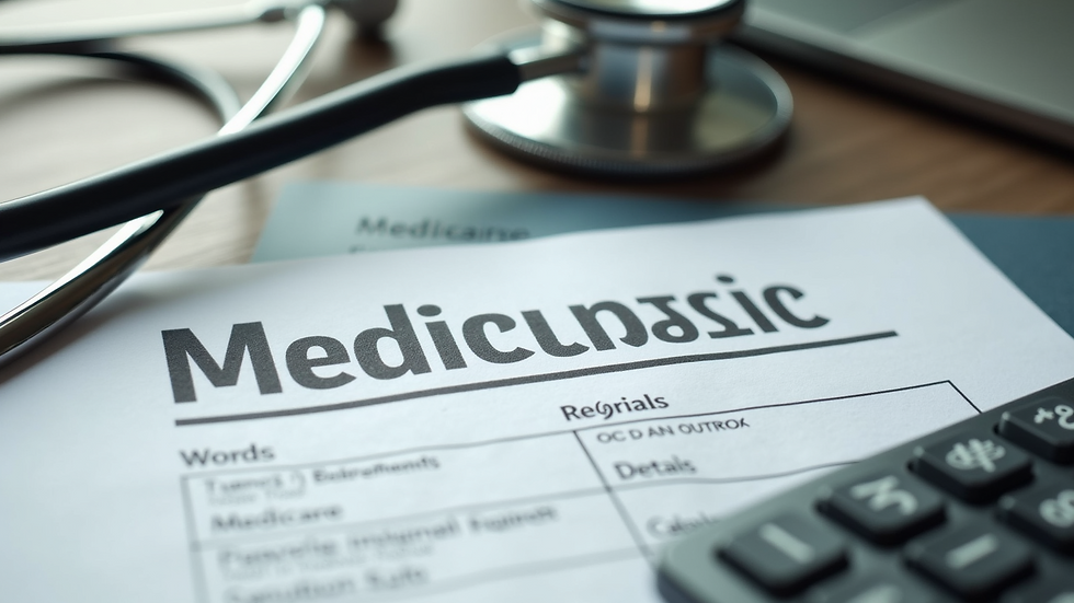 High angle view of Medicare documents and a calculator on a table