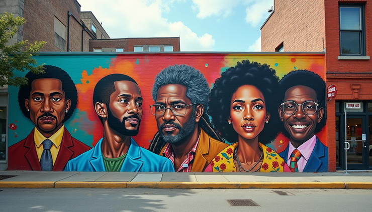 Eye-level view of a vibrant mural depicting African American historical figures and cultural symbols