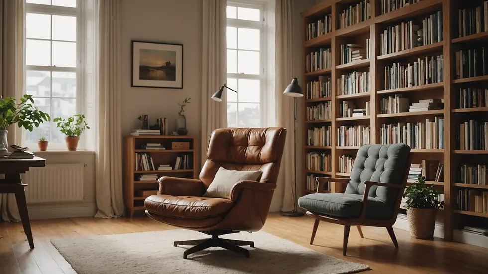 Eye-level view of a cozy room with a comfortable chair and a bookshelf