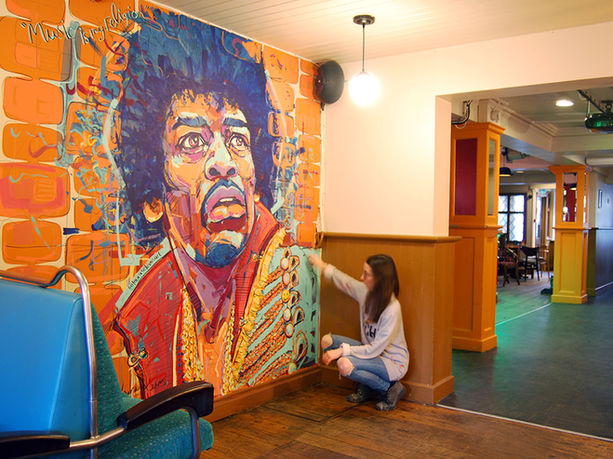 Hand painted mural artwork by Laura Selevos for your business or home.