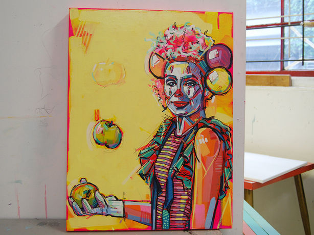 Big, colour pop paintings on canvas, by Laura Selevos